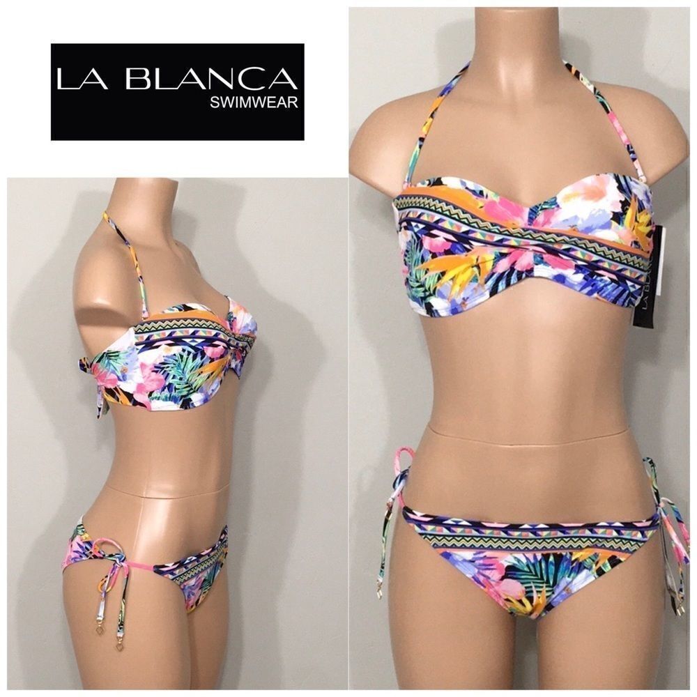 New. La Blanca Mixed Tropical Bandeau Bikini. 14-Top/10-Bottom